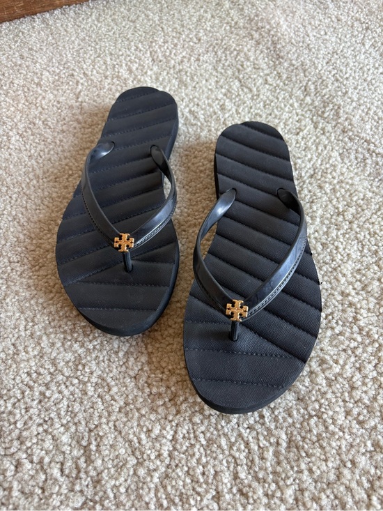 Tory Burch Shoes - Tory Burch Black Flip Flop Sandals with Gold Logo Accent